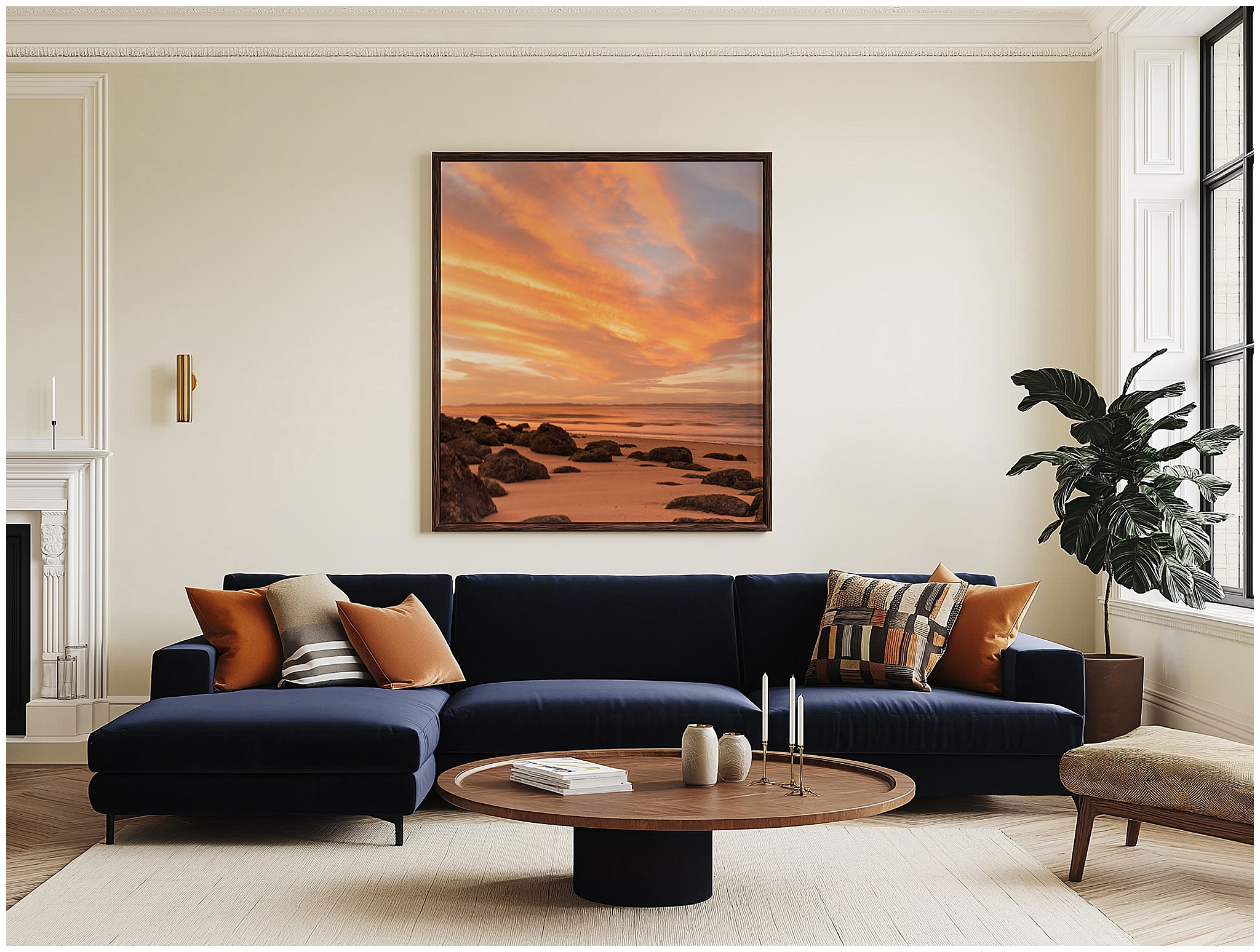 Living room mockup with Muttee Head sunset artwork online Australia, bright and calming landscape print.