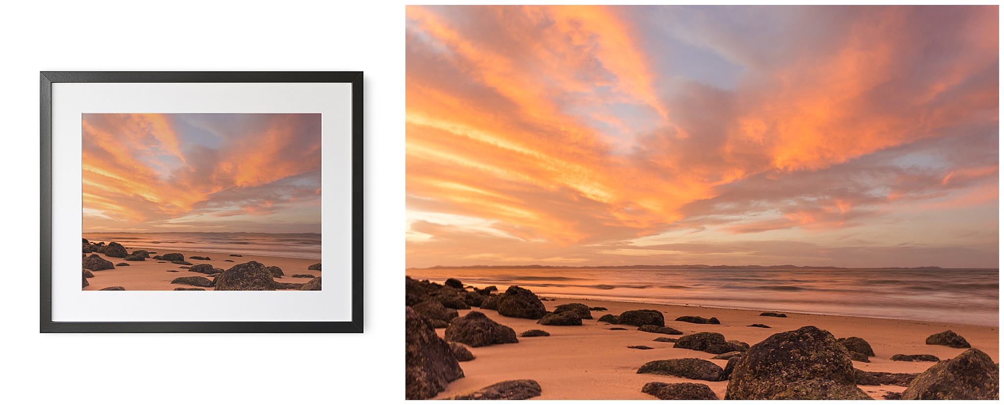 Simple black frame displaying Muttee Head sunset artwork online Australia, soft and purposeful landscape print.