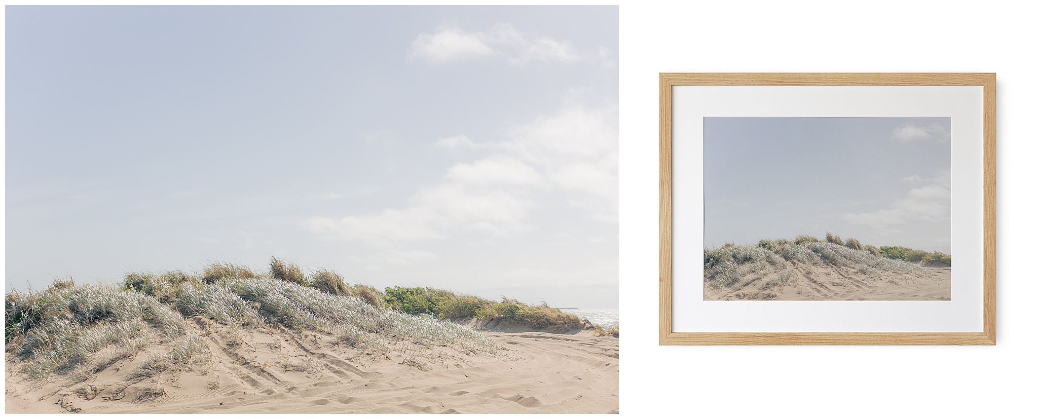Coastal sand dune print displayed in a simple timber frame beside the digital file, showing soft morning haze and grey-green dune grass.