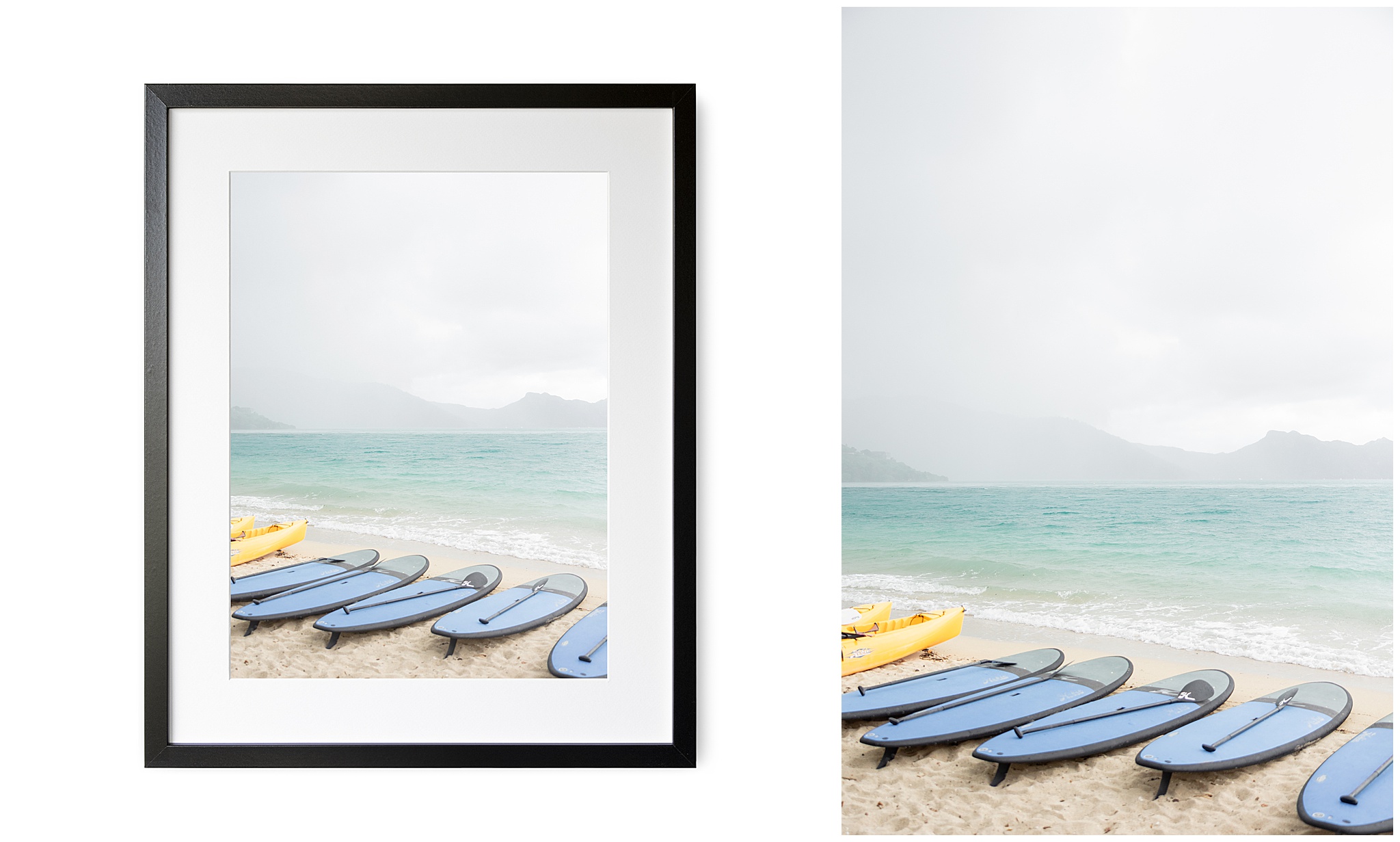 Minimal fine art frame displaying a Hayman Island landscape print with paddle boards, paired beside its digital version to highlight both the physical print and online download option.