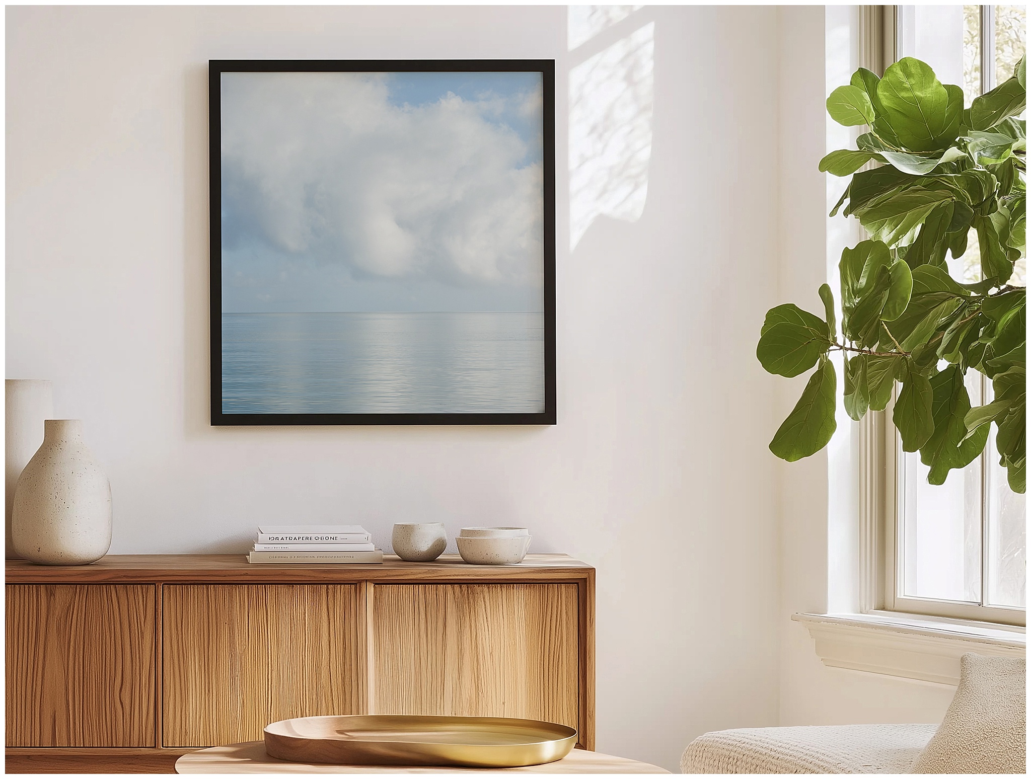 Large cloud wall art print with soft blue sky and ocean reflection, photographed in the Whitsundays