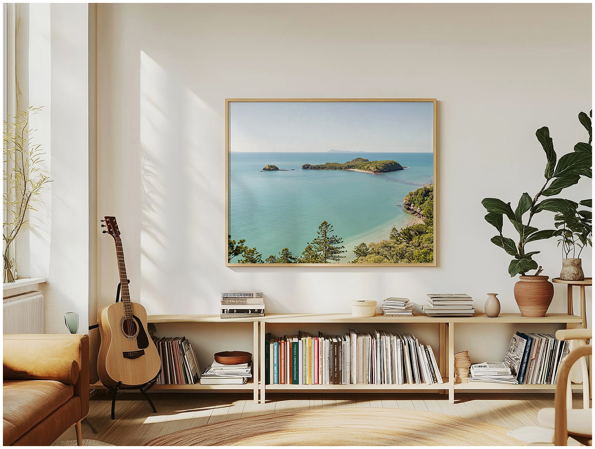 Landscape prints Australia - Framed Cape Hillsborough coastal wall art in modern rumpus room