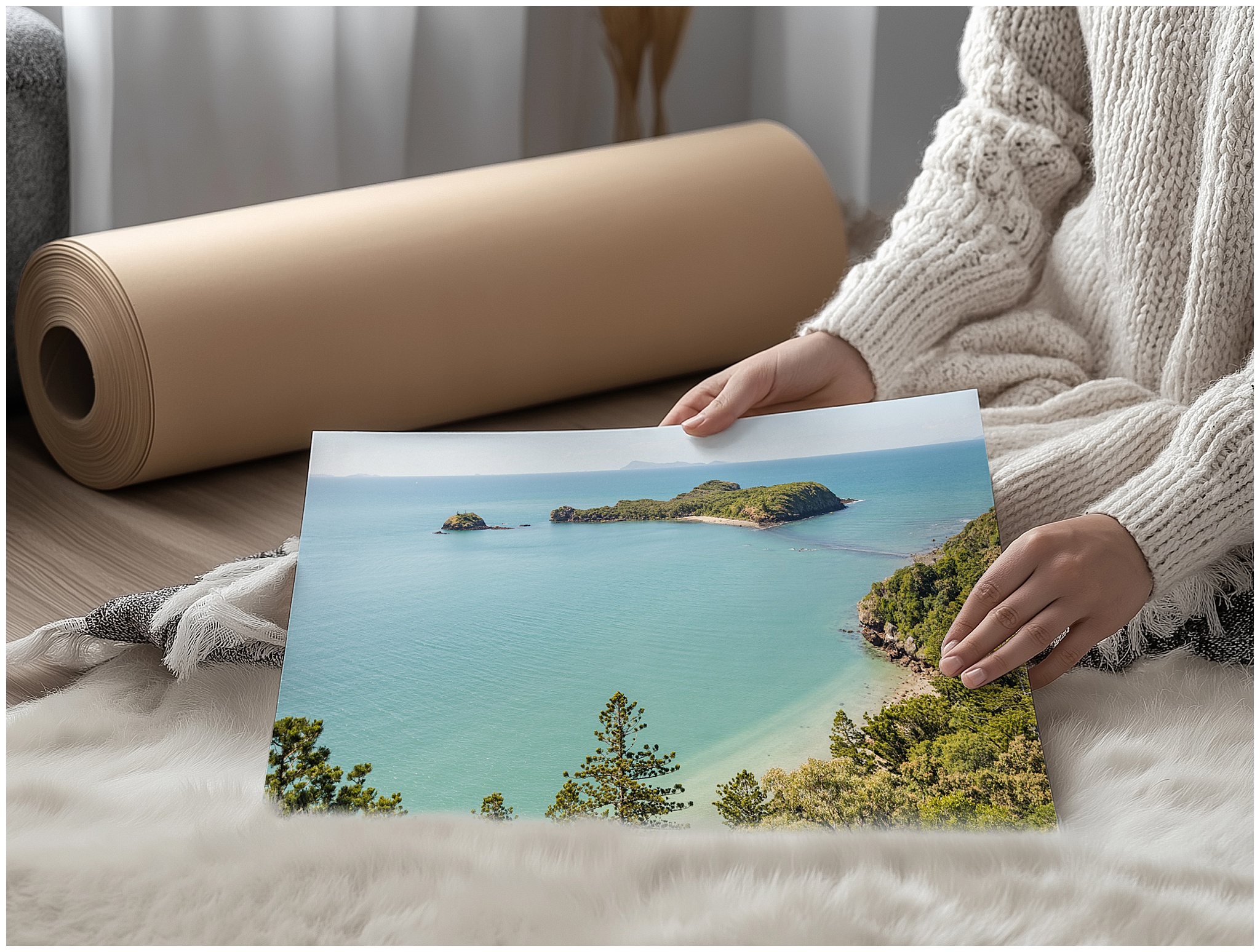 Landscape prints Australia – Unframed Cape Hillsborough aerial print held for scale and detail