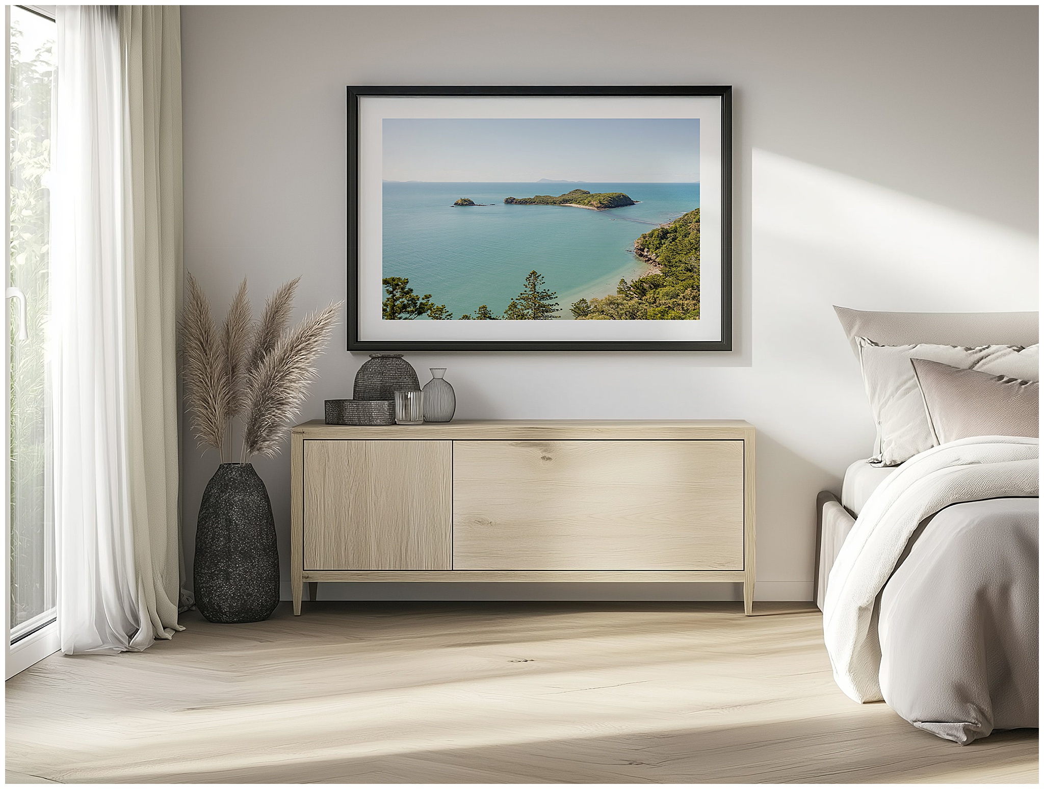 Landscape prints Australia - Black-framed Cape Hillsborough beach print styled in cozy bedroom setting