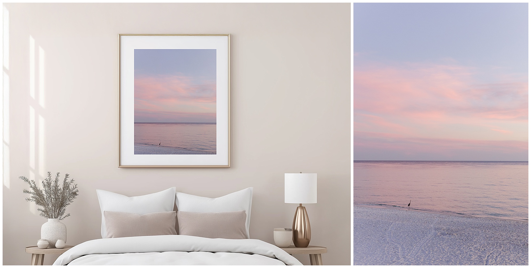 Feminine wall art for bedroom with soft pastel sunset landscape