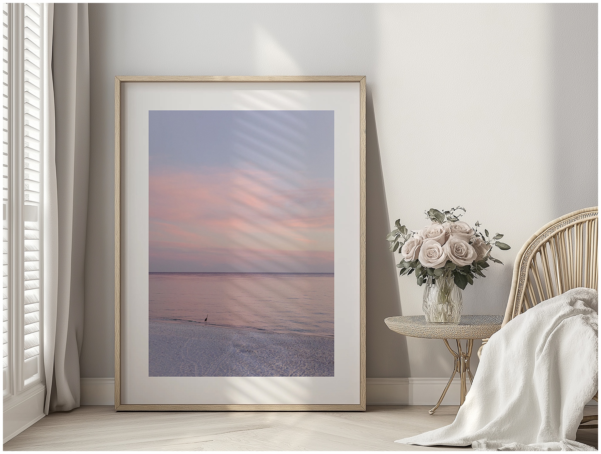 Feminine wall art for bedroom with soft pastel sunset landscape