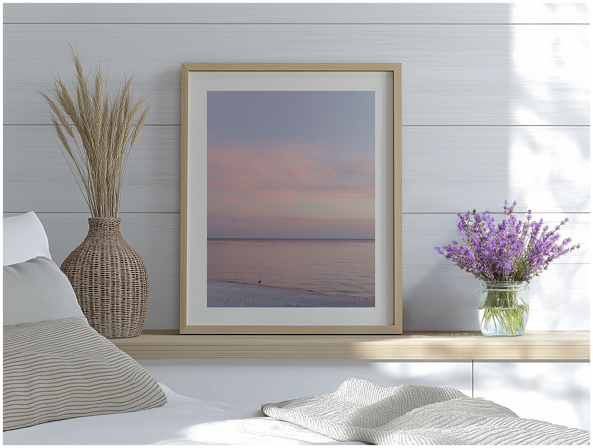 Pink wall art for girl bedroom featuring sunset print from Salt Sand Sky collection