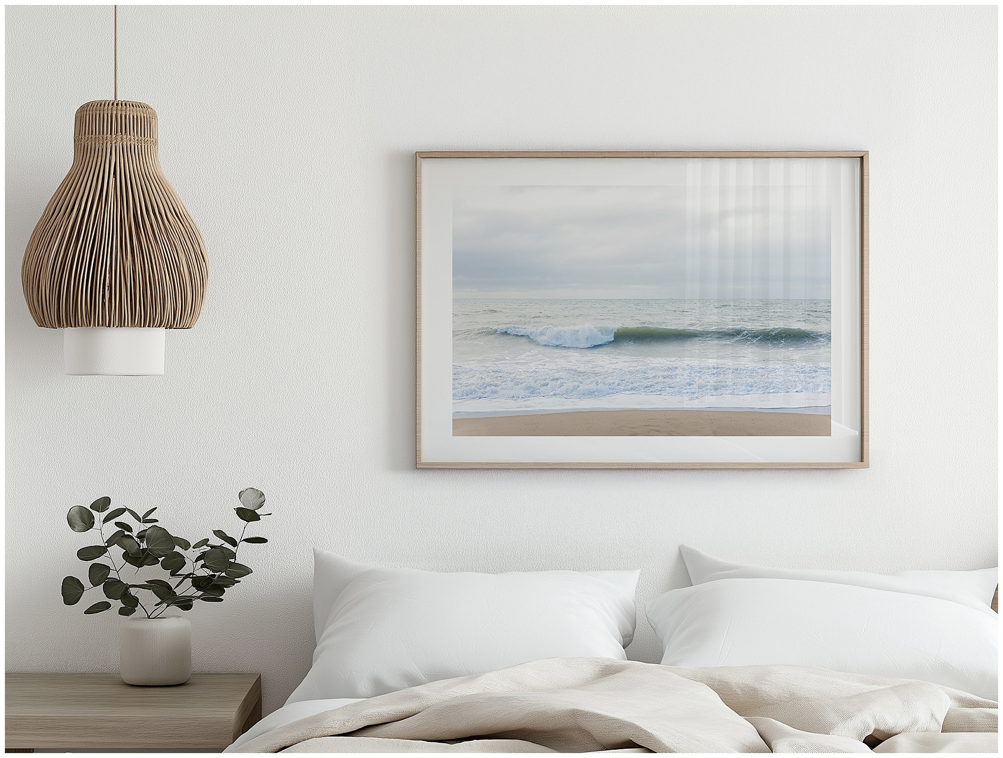 soft wave wall art in bedroom above bed